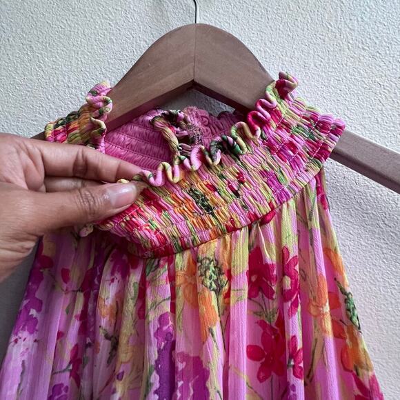 Taylor Chiffon Floral Print Pink Smocked Mock Neck Tiered Maxi Dress Size 10 - Picture 6 of 9